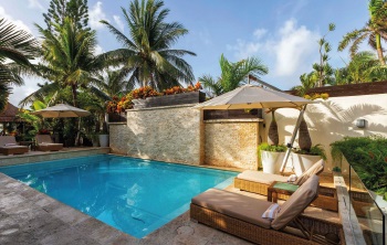 A serene outdoor pool area at Villa Patrón, featuring cozy sun loungers, umbrellas, and lush tropical landscaping — your private paradise in Cancún. | Espacio exterior con alberca en Villa Patrón, con cómodos camastros, sombrillas y exuberante vegetación tropical — tu paraíso privado en Cancún.
