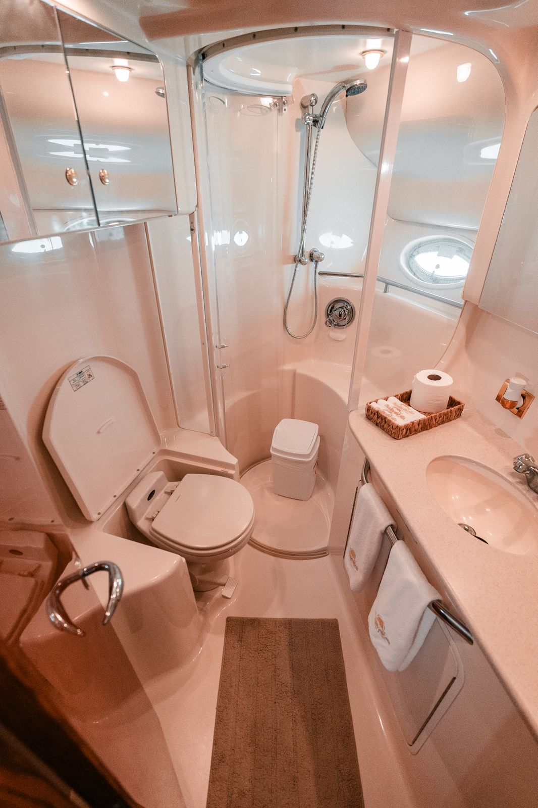 Elegant and functional bathroom with shower, vanity, and marine toilet for full onboard comfort. | Baño elegante y funcional con regadera, lavabo y sanitario marino para total comodidad a bordo.
