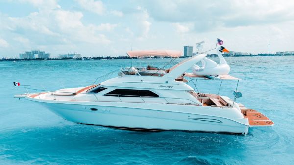 Sea Monkey 50 ft Sea Ray yacht in Cancun with turquoise Caribbean water and skyline view – I Live Where You Vacation | Yate Sea Monkey de 50 pies Sea Ray en Cancún con vista al mar Caribe y horizonte urbano – I Live Where You Vacation