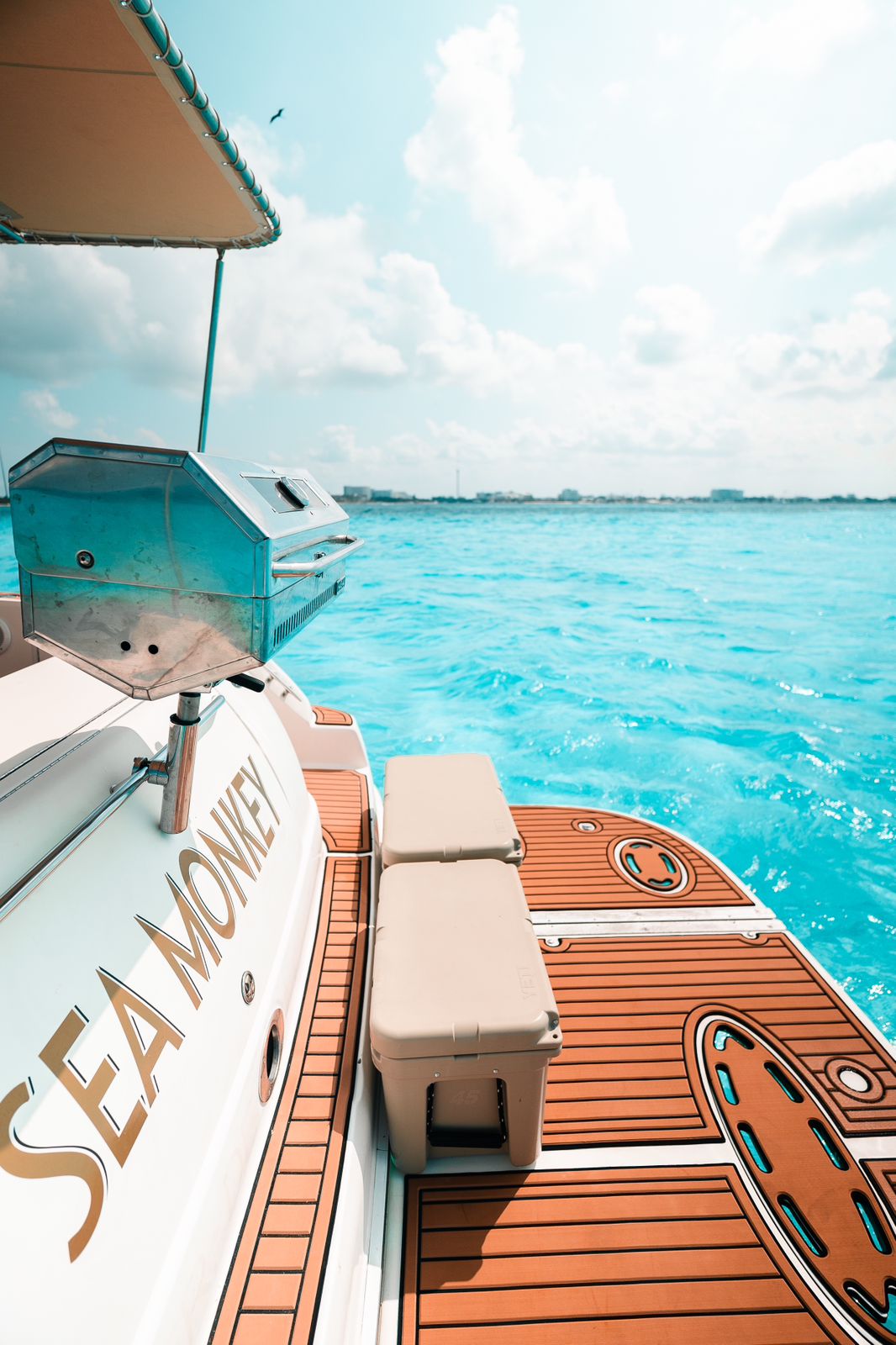 Elegant teak deck and stainless grill — the perfect setup for sea dining and Caribbean sunsets. | Cubierta de teca y asador de acero — el escenario ideal para cenas y atardeceres en el Caribe.
