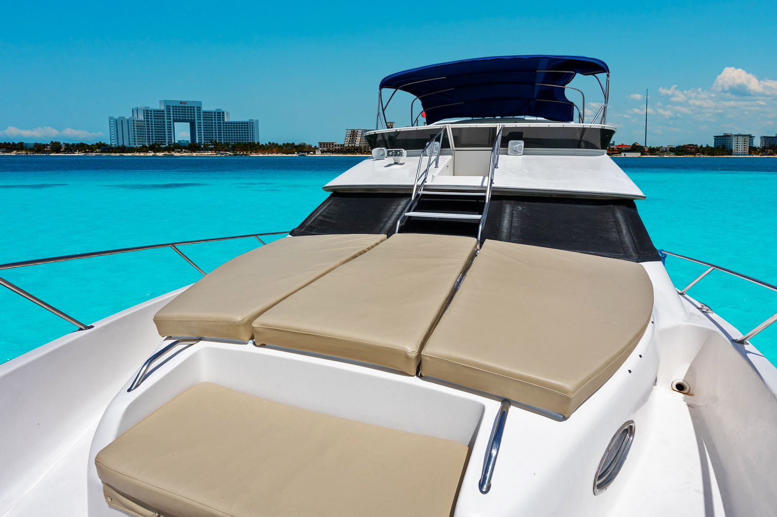 The bow sunpads provide a spacious area for sunbathing and enjoying the Caribbean view