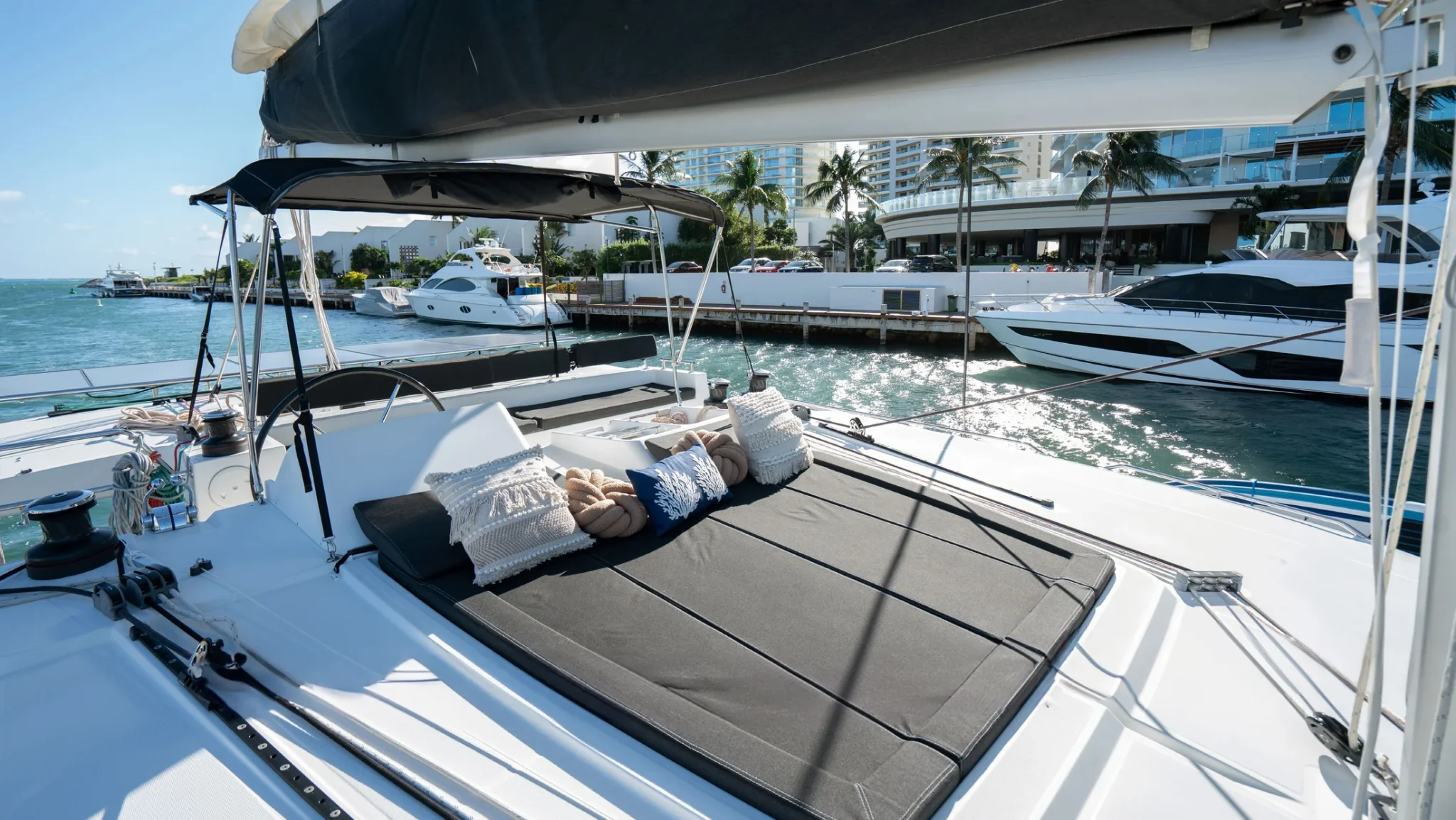 Spacious foredeck lounge area aboard Beluga Catamaran in Cancun
