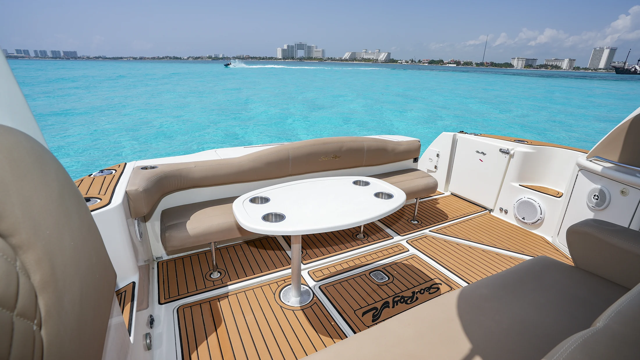 ATM 45ft yacht aft deck seating with ocean view in Cancun