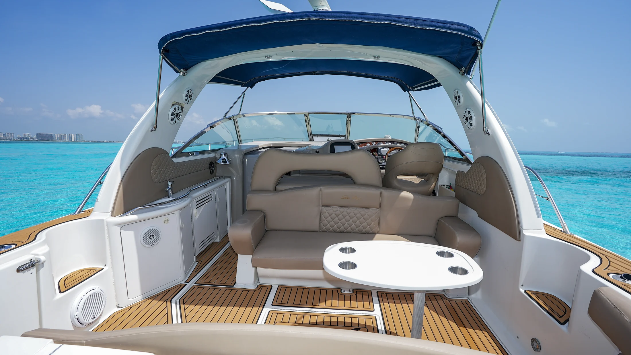 ATM 45ft yacht cockpit seating and aft deck table in Cancun