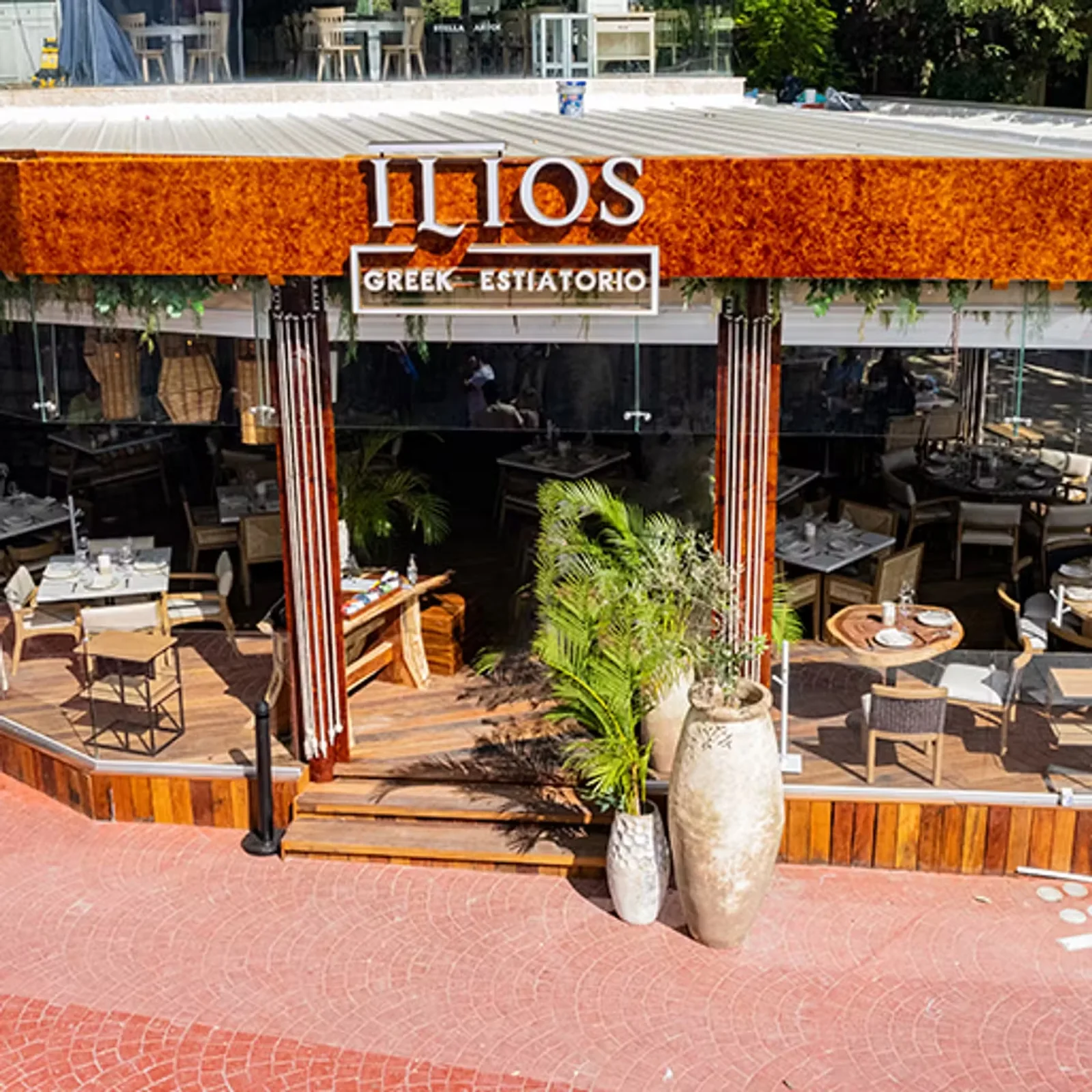 Exterior entrance facade at Ilios Greek Estiatorio Playa del Carmen