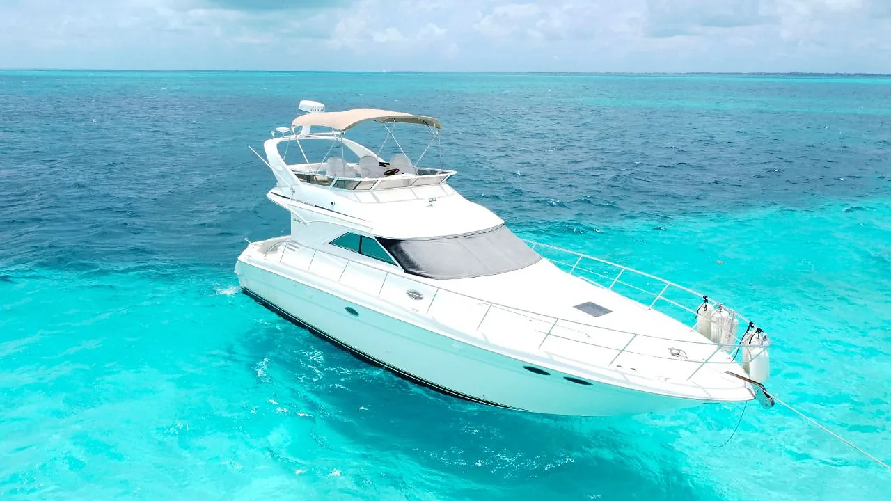 Magnus 40ft private yacht anchored in Cancun turquoise water