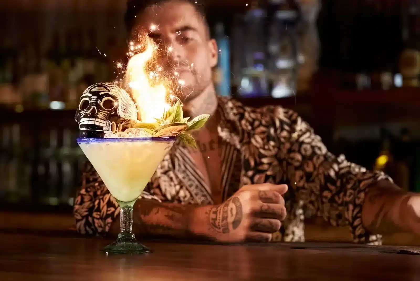 Flaming signature cocktail at RosaNegra Cancun