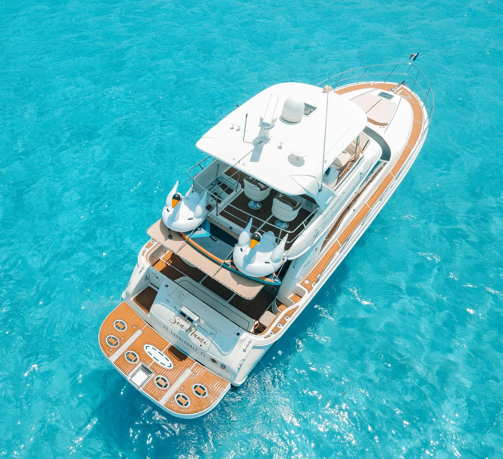 Aerial view of Sea Mami aft deck and swim platform in Cancun