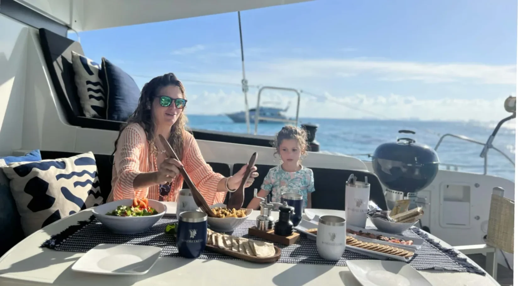 Onboard family dining aboard Lidia 39ft Lagoon Catamaran Cozumel