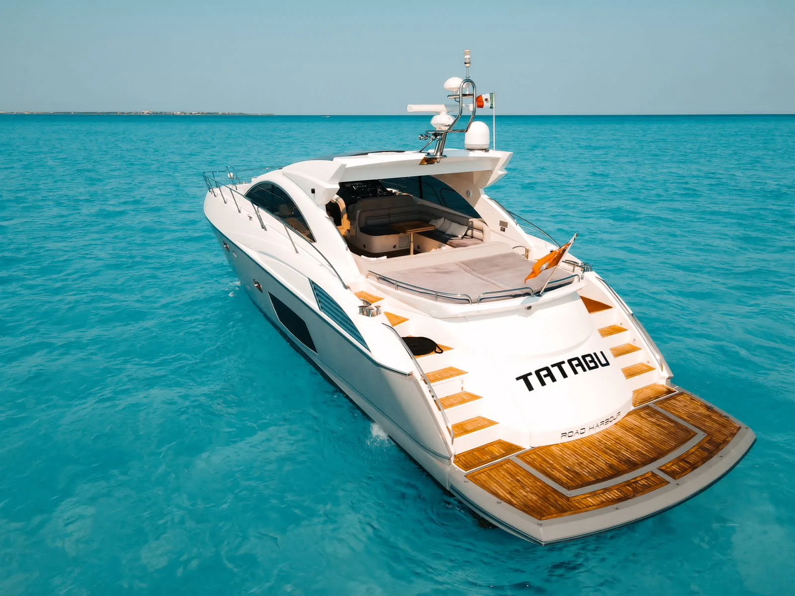 Tatabu 64ft aerial top view with water toys in Cancun