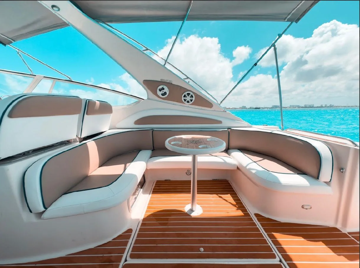 Cockpit lounge seating aboard Blanco 46ft private yacht in Cancun