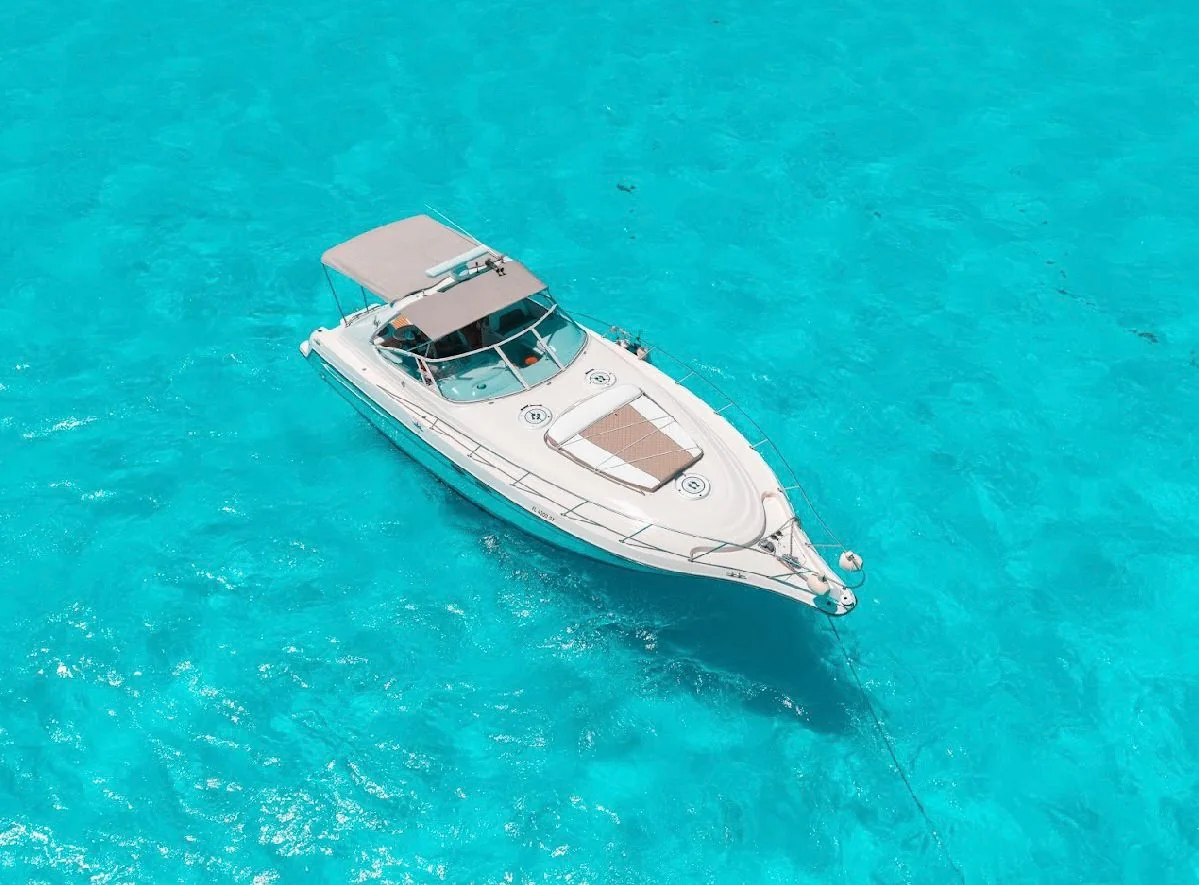 Aerial bow view of Blanco 46ft private yacht charter in Cancun