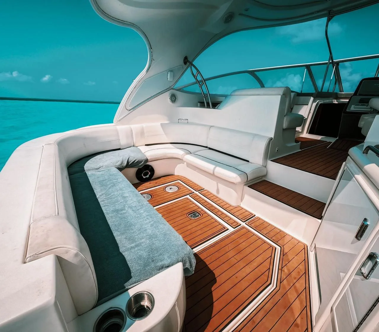 Bow lounge seating aboard Grace 46ft private yacht in Cancun