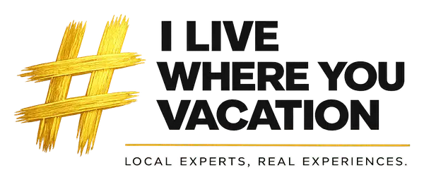 I Live Where You Vacation black logo with an outlined tagline
