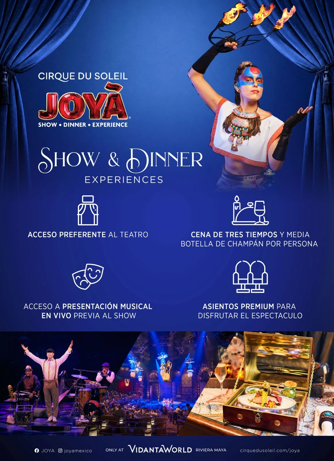 JOYÀ Show and Dinner Experience with premium seating, gourmet dinner and champagne in Riviera Maya