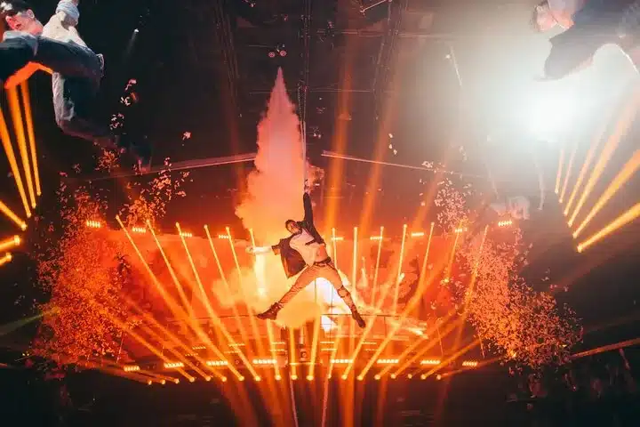 Aerial performer above the stage during the Coco Bongo Cancun live show