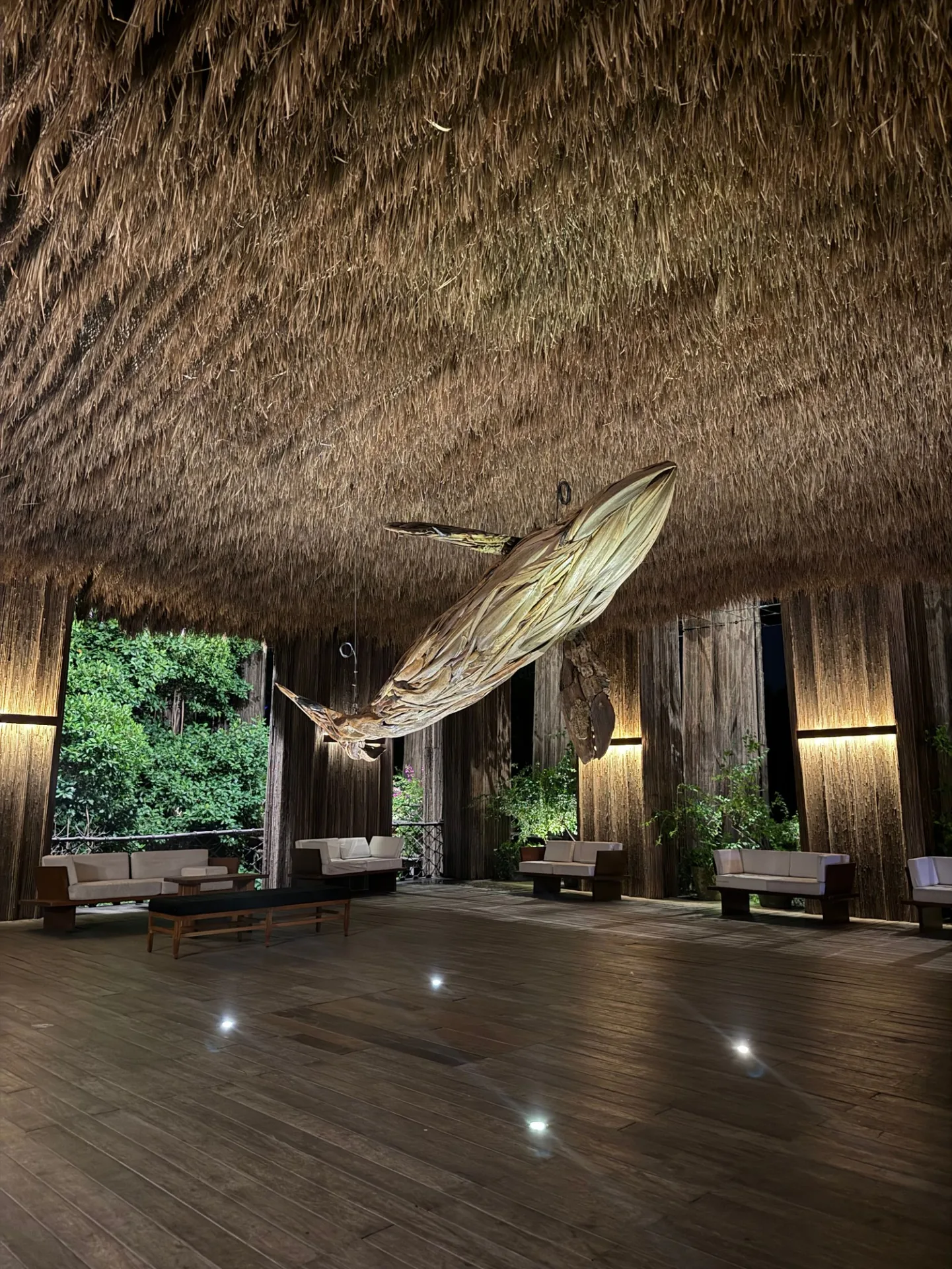 Whale sculpture lounge at La Madalena Cancun